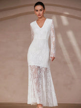 Aveloria Rosie French Romantic Elegant V-Neck A-Line Flare Long Sleeve Women's Cinched Waist Floor Length Lace Dress